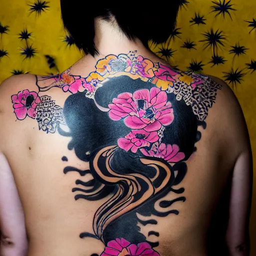 Image similar to photography of the back of a woman with a black detailed irezumi tatto representing a gold tiger with pink flowers on her entire back, dark hangar background, mid-shot, editorial photography