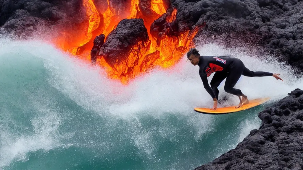 Image similar to person wearing a sponsored team jersey with logos surfing down a river of lava on the side of a volcano on surfboard, action shot, dystopian, thick black smoke and fire, sharp focus