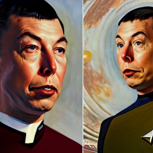 Image similar to a portrait painting of Elon Musk as Spock from Star Trek painted by Norman Rockwell