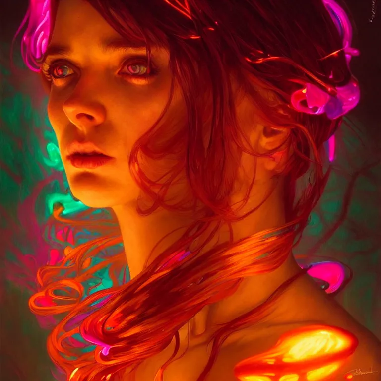 Image similar to bright asthetic portrait LSD glowing liquid, fantasy, intricate, elegant, dramatic lighting, highly detailed, lifelike, photorealistic, digital painting, artstation, illustration, concept art, smooth, sharp focus, art by John Collier and Albert Aublet and Krenz Cushart and Artem Demura and Alphonse Mucha