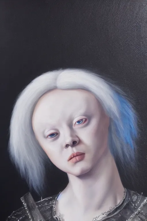 Image similar to hyperrealism oil painting, close - up portrait of albino medieval fashion model, black silk, steel gradient mixed with nebula sky, in style of baroque