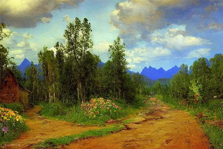 Prompt: road to the mountains, elf forest, fantasy, beautiful landscape, many flowers after rain, Isaac Levitan