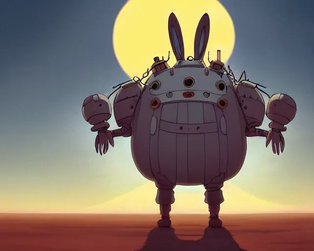 Prompt: a cell shaded cartoon giant grey lovecraftian mechanized rabbit from howl's moving castle ( 2 0 0 4 ), with a big head, on a desert road, wide shot, sunset, golden hour, muted colors, post grunge, josan gonzales, wlop, by james jean, victor ngai, hq, deviantart, art by artgem