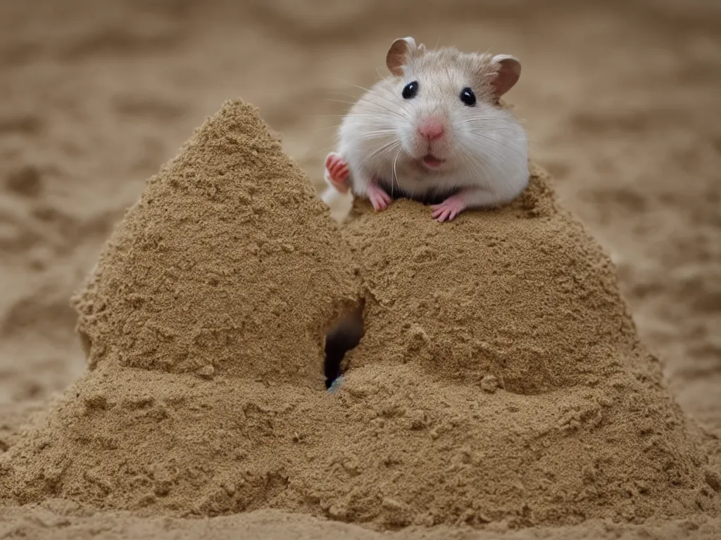 Prompt: Photo of a hamster making a giant sandcastle, highly-detailed 4K award-winning