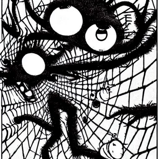 Image similar to a cat with spider legs and a thousand eyes, walking towards camera, highly detailed, by junji ito.