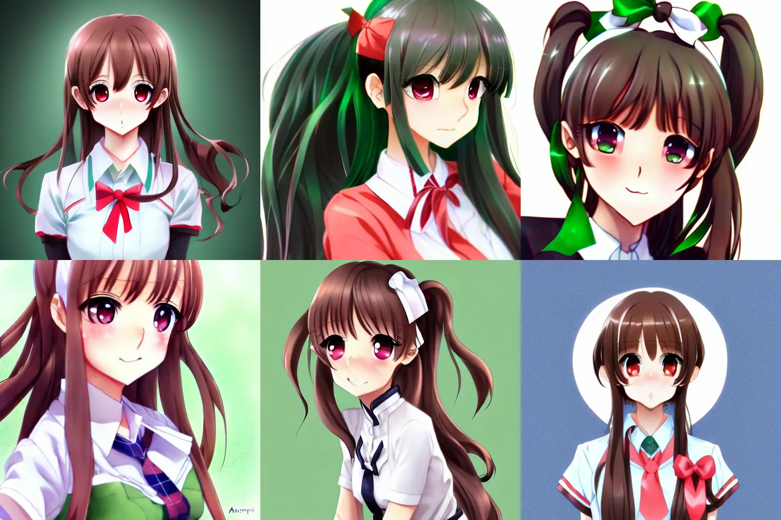 Prompt: very beautiful anime high school girl, complete body view, coral brown hair, ponytail, white ribbon, green eyes, full perfect face, slightly smiling, detailed school background, drawn by Artgerm, Sasoura, Satchely, no distorsion