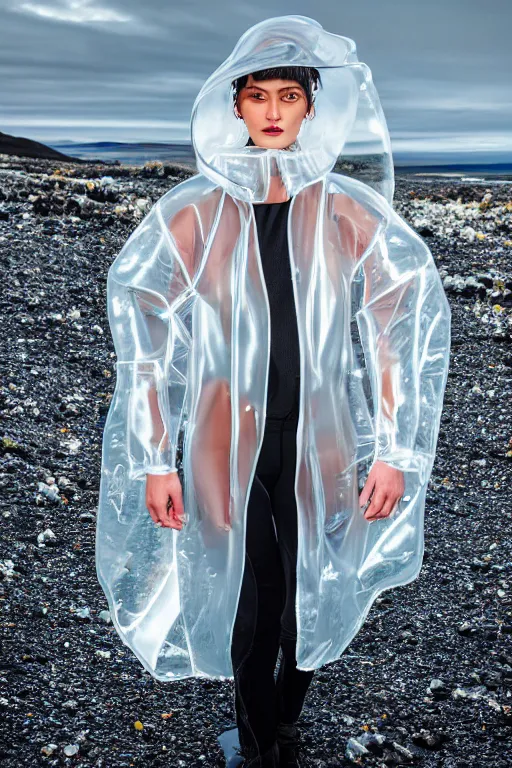 Image similar to an ultra high definition professional high fashion portrait studio full length photograph of a model wearing a transparent pearlescent raincoat and neon visor in an icelandic black rock environment at dawn. no artefacts. extremely detailed. stark. shallow depth of field. volumetric light and shadow. ray tracing. light ray.