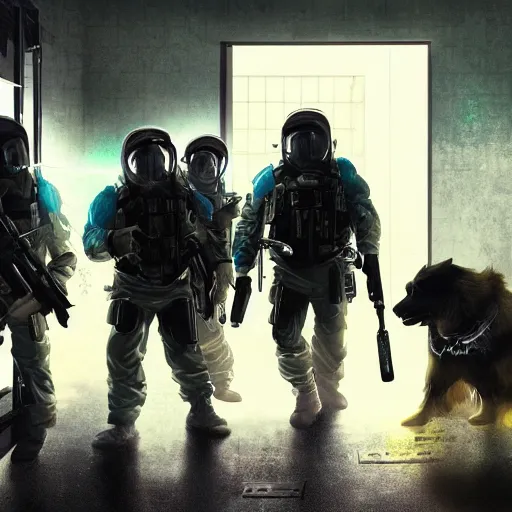 Image similar to K9 squad breaking into a meth lab, futuristic, wide shot, dim colors, ambient lighting, dynamic lighting, cyperpunk art, trending on artstation, 4K, HQ