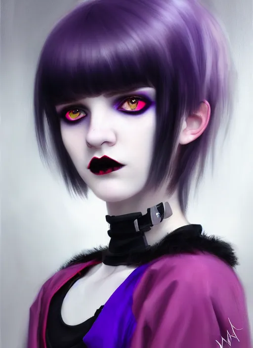 Image similar to portrait of white teenage girl, normal face, black bangs, mall goth, cyberlox, black and white hair, bangs, fluffy bangs, red contacts, purple lipstick, intricate, elegant, highly detailed, digital painting, artstation, concept art, sharp focus, smooth, illustration, art by wlop, mars ravelo and greg rutkowski