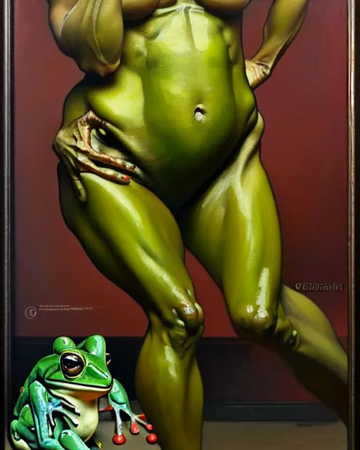 Prompt: full body painting of a frog bodybuilder, oil on canvas, art by greg rutkowski and alphonse mucha