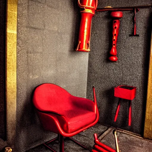 Prompt: a red chair surrounded by sinister and sinuous tools made of gold at the end of a black stone hallway