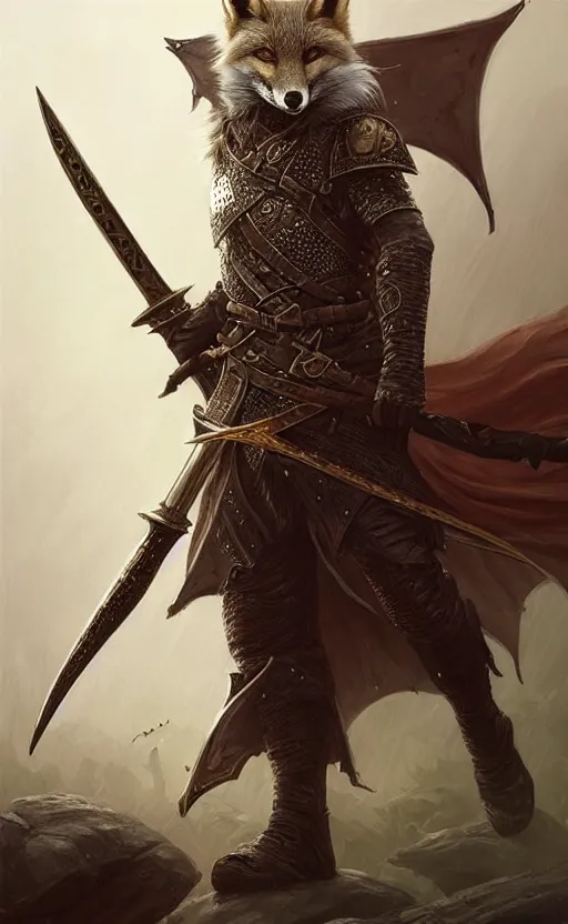 Image similar to d & d fantasy fox warrior wearing leather armour, holding a scimitar and war pick, in a fantasy landscape, intricate, elegant, highly detailed, digital painting, artstation, concept art, matte, sharp focus, illustration, art by artgerm and greg rutkowski