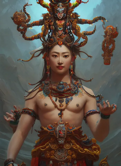 Image similar to Gigantic Deity with 8 arms and aztec accessories and translucent amulets, extremly detailed oil painting, in the style of Fenghua Zhong and Ruan Jia and Jeremy Lipking, rim light, beautiful lighting, mystic, 8k, stunning scene, raytracing, octane, trending on artstation