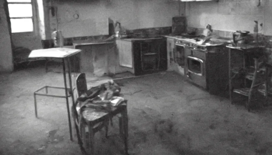 Prompt: snake, a man sit in a stalinist style kitchen, by mini dv camera, very very low quality, heavy grain, very blurry, accidental flash, webcam footage, found footage, security cam, caught on trail cam