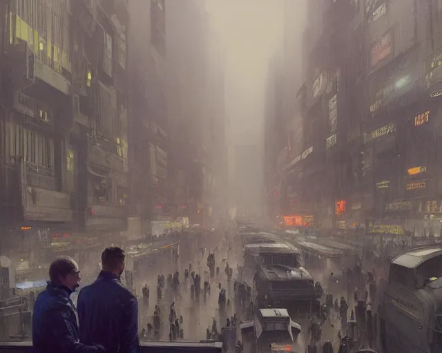 Image similar to 2 0 1 8 blade runner movie still man look at the cityscape from roof perfect face fine realistic face pretty face neon puffy jacket blue futuristic sci - fi elegant by denis villeneuve tom anders zorn hans dragan bibin thoma greg rutkowski ismail inceoglu illustrated sand storm alphonse mucha
