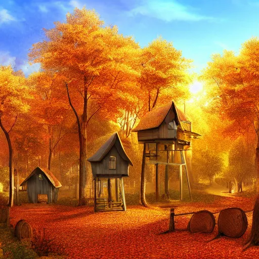 Image similar to a village full of tree houses nestled in a forest, golden hour, autumn leaves, realistic high quality art digital art