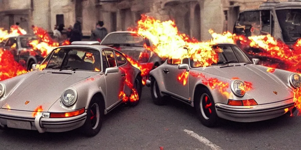 Image similar to porsche 911 time traveling in back 2 the future. flaming tire marks on the street behind. 88miles per hour