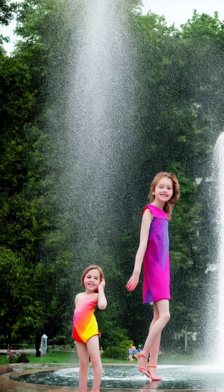 Image similar to Beautiful girl under the rainbow fountain,