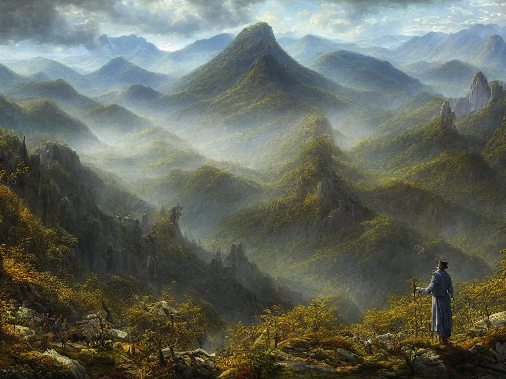 Prompt: a beautiful and highly detailed matte painting of the the appalachian mountains, intricate details, epic scale, insanely complex, 8 k, sharp focus, hyperrealism, very realistic, by caspar friedrich, greg rutowski, james gurney, zeen chin,