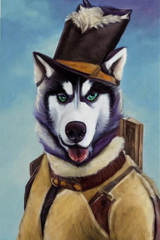 Image similar to a portrait painting of a husky in cowboy costume in the style of anime, a fistful of dollars, character design, humanoid, personify, anthropomorphic