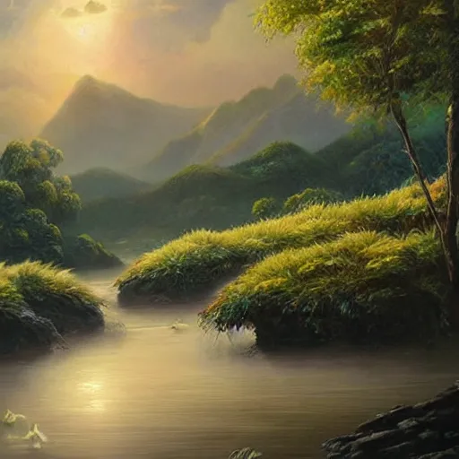 Image similar to large landscapes from another world, beautiful painting, very detailed fauna and flora, enhance lighting