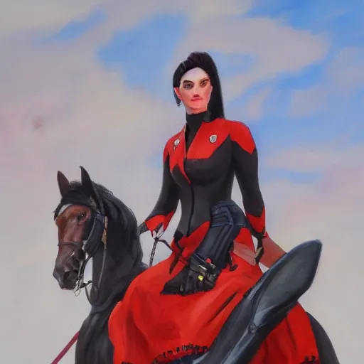 Image similar to oil painting of widowmaker from overwatch in the desert riding on a horse, black and red jacket, collar around neck, very detailed face, feminine face, full body