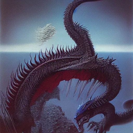 Image similar to blue eyes white dragon by zdzisław beksiński