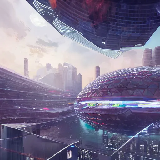 Image similar to a huge futuristic stadium for gladatior combat with a forcefield dome floating above a cyberpunk city, hexagonal shaped, elegant architecture, modern, epic light, elegant, artstation, intricate, highly detailed, ultra realist, hd, digital painting, soft light