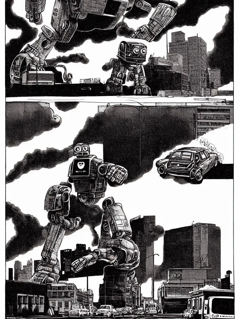 Prompt: Giant classic robot walking down the street desires to eat a massive glazed donut, a building is on fire smoking and a crushed car is under the foot of the giant robot by Richard Corben