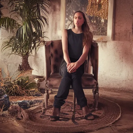 Image similar to alycia debnam-carey sitting on chair posing for photo, award winning photography, HDR, studio lighting, dynamic pose, medium close shot, shot on Canon EOS R5, f/1.8,