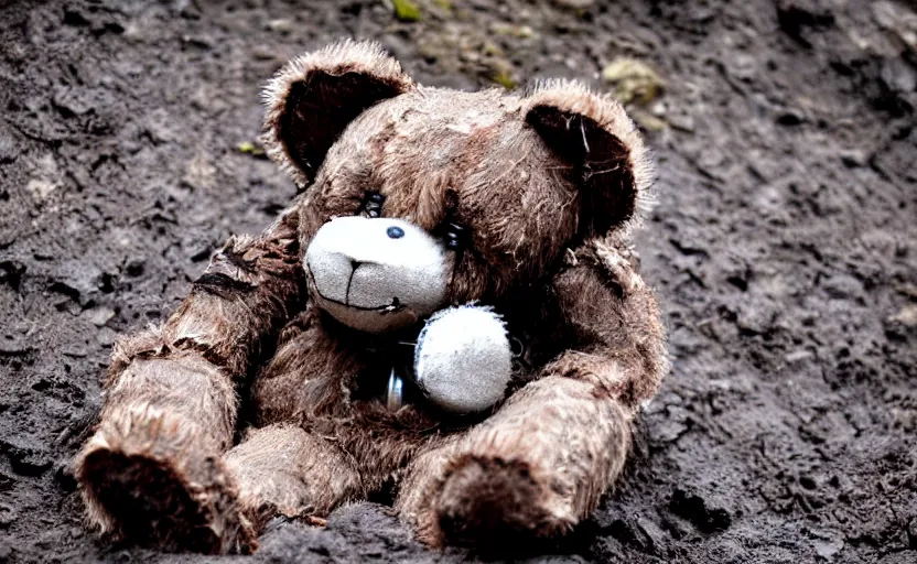 Prompt: laying teddy bear, dirty fur, robotic, sad eyes, hole in fabric, wires coming out, circuit, electricity, mud, outdoor, dirt, realistic photography