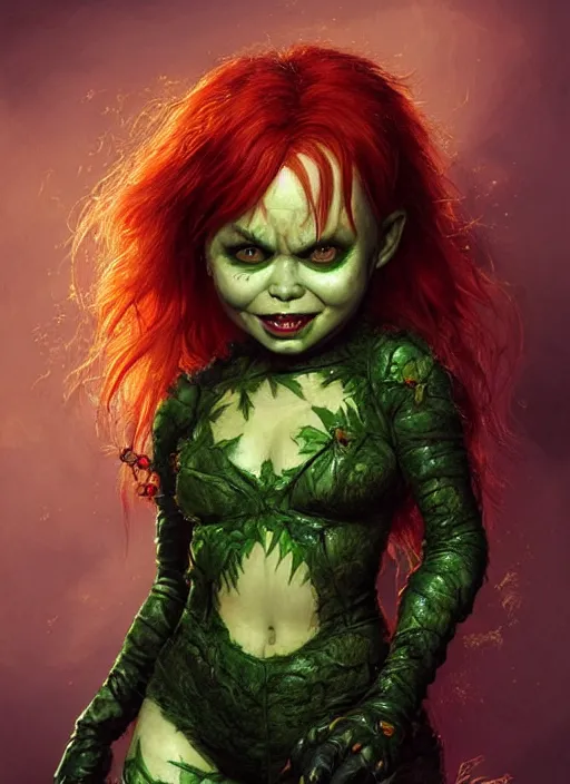 Prompt: A beautiful portrait of Chucky as Poison Ivy from Batman movie, digital art by Eugene de Blaas and Ross Tran, vibrant color scheme, highly detailed, in the style of romanticism, cinematic, artstation, Greg rutkowski