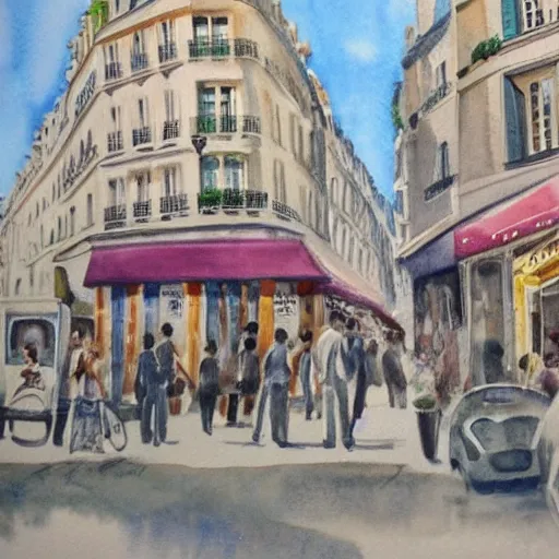 Prompt: watercolor painting of Paris in the 1960s, 4K, extremely detailed. award winning