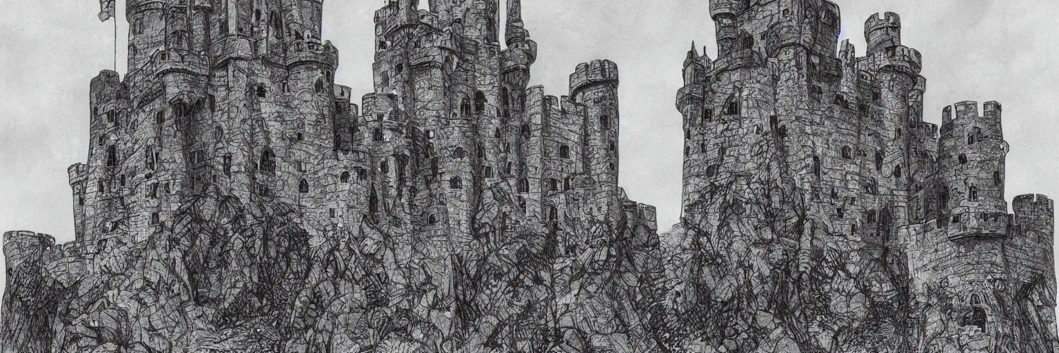 Prompt: castle from king's landing by mike ploog, complex stonework, ramparts, bulwarks, granite architecture, iron and stone construction, engraving, towering castle, ralph bakshi