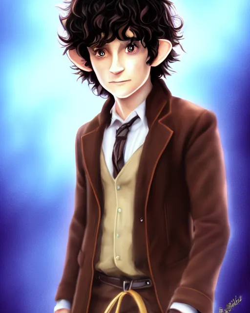 Image similar to portrait Anime joyful Hobbit Frodo Baggins; velvet brown jacket, backpack, Shire background || cute-fine-face, pretty face, realistic shaded Perfect face, fine details. Anime. realistic shaded lighting by Ross Tran