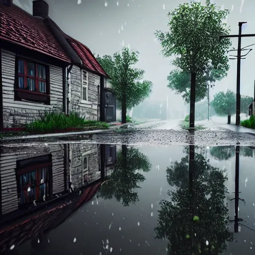 Image similar to still photo of rain puddles and reflections in a village, cloudy weather, highly detailed, photorealistic shot, bright studio setting, studio lighting, crisp quality and light reflections, unreal engine 5 quality render