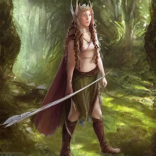 Image similar to A young elven female druid traveling trough the forest + concept art + detailed character portrait + James Gurney