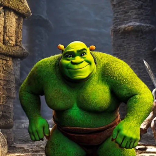 Image similar to a still of shrek in the game of thrones