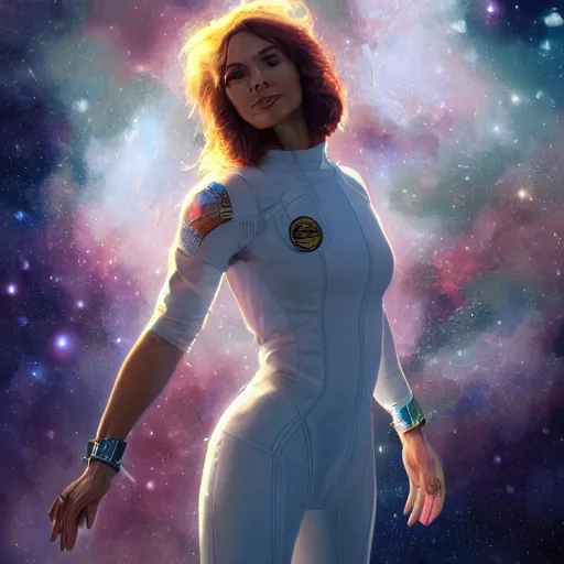 Prompt: photo of a woman alone in space in the style of stefan kostic, realistic, body shot, sharp focus, 8 k high definition, insanely detailed, intricate, elegant, art by stanley lau and artgerm, floating embers