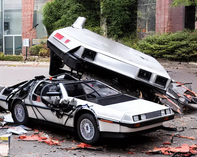 Prompt: photograph of a delorean that has crashed into a building by greg rutowski