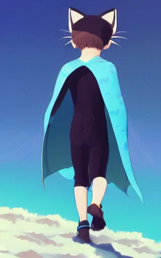 Image similar to little boy with cat ears wearing an latex suit with cape walking on ocean. digital painting made by makoto shinkai and james jean, perfect composition