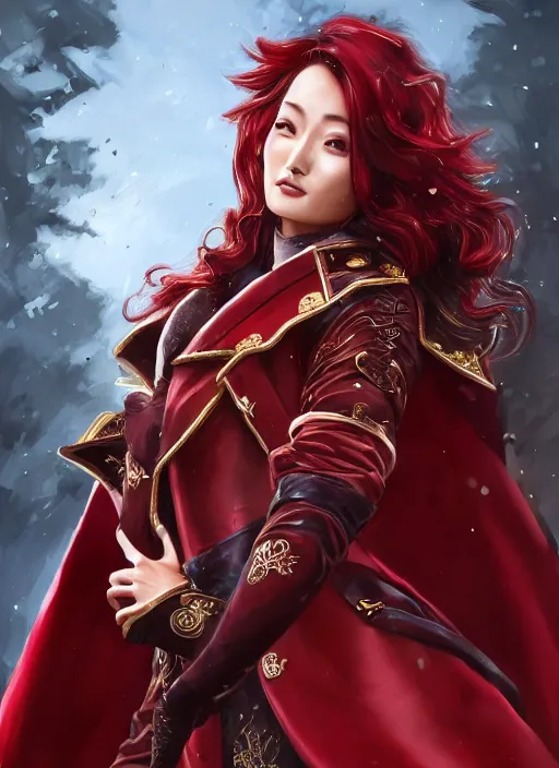 Image similar to a highly detailed illustration of meisa kuroki as a long dark red haired wearing wine red epaulette uniform and long coat cape, dramatic smiling pose, perfect face, intricate, elegant, highly detailed, centered, digital painting, artstation, concept art, smooth, sharp focus, league of legends concept art, wlop