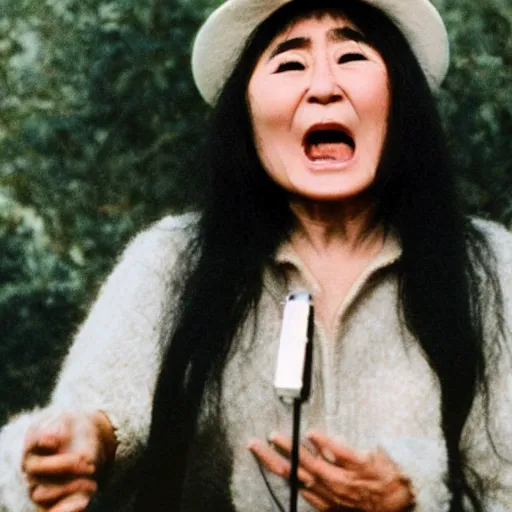 Prompt: yoko ono emitting a spiral galaxy sound wave from her mouth as she screams