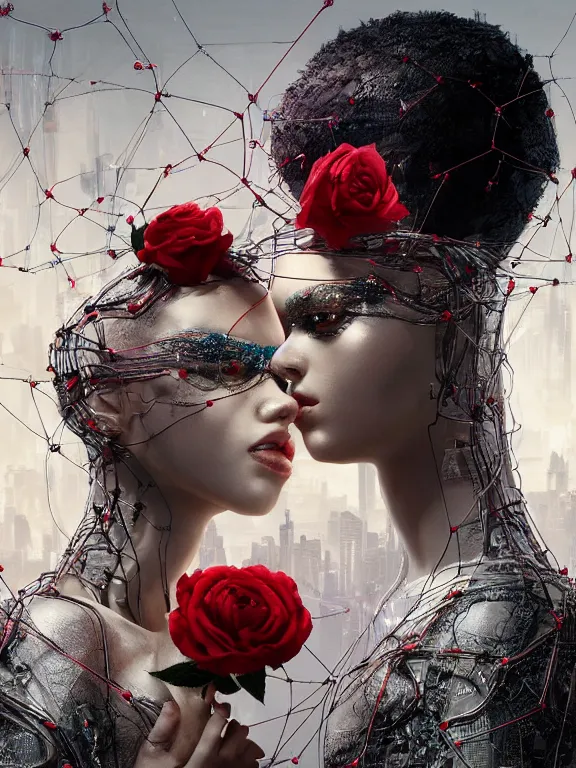 Prompt: a complex 3d concept art ultra detailed of two tulle wrapped perfect human face female half android queens praying together with wires tangled behind them connected to giant computer,bowknot, fine lace. GUCCI,sculpture,red rose, sparkling, jewel embellishment, cyberpunk 2077, film lighting, by Stanely Artgerm, Tom Bagshaw, Andrei Riabovitchev, aaron horkey, trending on pinterest,ZBrush, full of color, luxury, mythological, ultra realistic, high detail,golden ratio,cinematic lighting