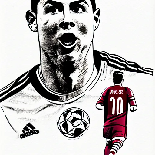 Image similar to Ronaldo choking Messi, illustration, sketch