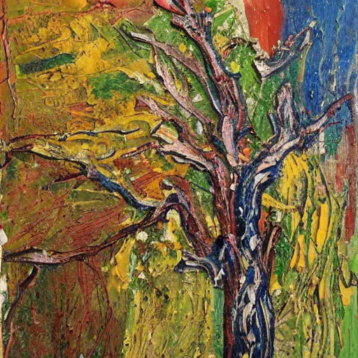 Prompt: oil paint impasto relief, tree in a field, multi layered abstract texture thick brush marks, some splattered paint, in the style of monet and frank auerbach