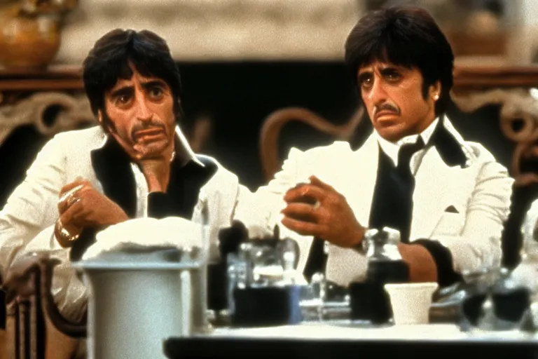 Image similar to tony montana from movie scarface 1 9 8 3 sitting behind a big black oak table with big large packages of flour. long shot. al pacino. perfect symmetric face, coherent eyes, fine details, 4 k, ron cobb, cinestill. last scene from scarface movie