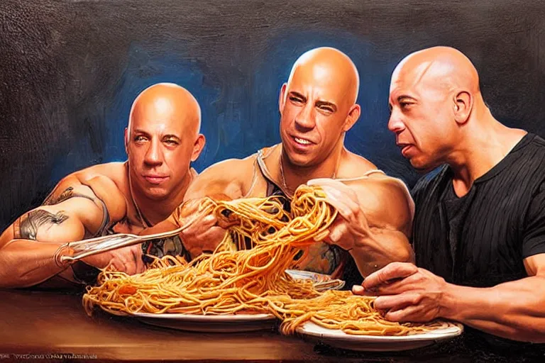 Image similar to portrait of vin diesel and willem dafoe sharing spaghetti, an oil painting by ross tran and thomas kincade