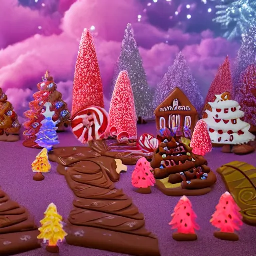 Prompt: Candy land forest during christmas time with anthropomorphic ginger bread people and candy people, rivers made out of chocolate milk, the sky is pink, 3d art, Surreal, Angelic, HD, Hyper Realistic