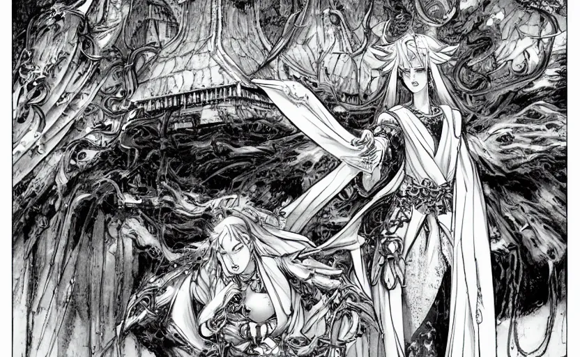 Image similar to A white priestess is conjuring a spell inside the ancient and mythical temple. By Masamune shirow